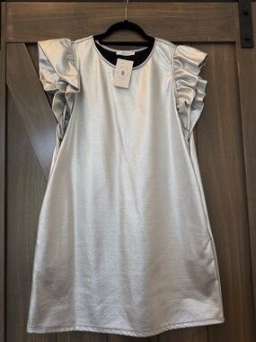 Ces Femme Metallic Silver Textured Ruffle Shoulder Dress